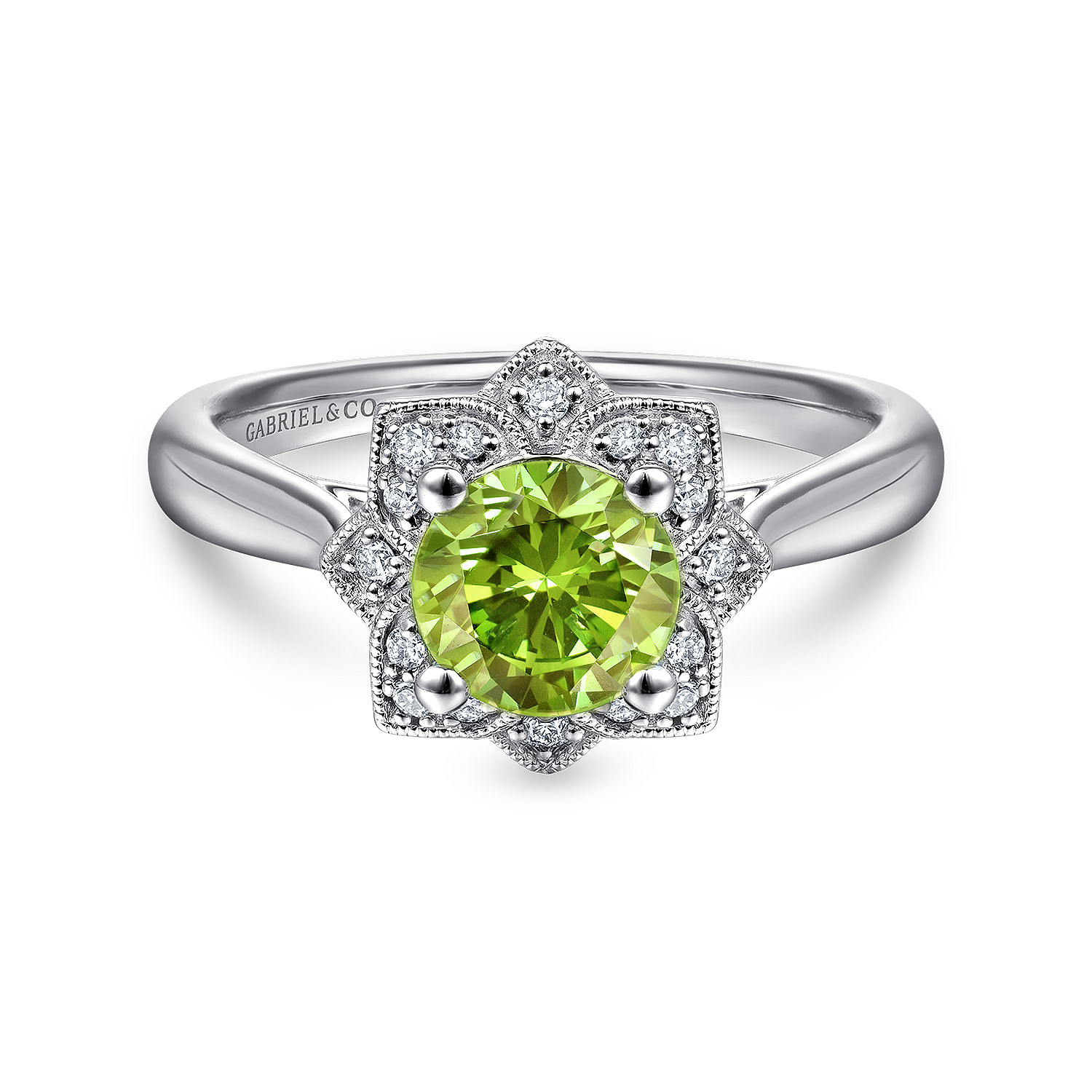 Vintage Inspired 14K White Gold Round Peridot and Floral Diamond Halo Ring