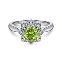 Vintage Inspired 14K White Gold Round Peridot and Floral Diamond Halo Ring