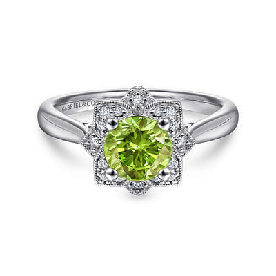 Vintage Inspired 14K White Gold Round Peridot and Floral Diamond Halo Ring