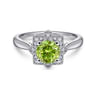 Vintage Inspired 14K White Gold Round Peridot and Floral Diamond Halo Ring - 0.09 ct