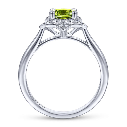 Vintage Inspired 14K White Gold Round Peridot and Floral Diamond Halo Ring - 0.09 ct - Shot 2