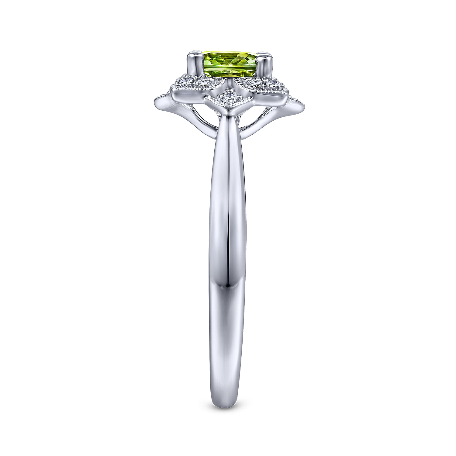 Vintage Inspired 14K White Gold Round Peridot and Floral Diamond Halo Ring