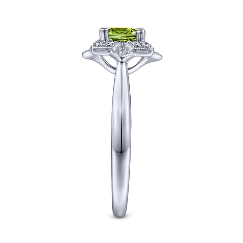 Vintage Inspired 14K White Gold Round Peridot and Floral Diamond Halo Ring - 0.09 ct - Shot 4
