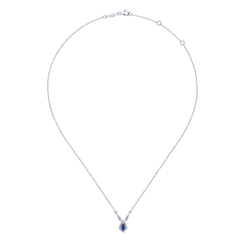 Vintage Inspired 14K White Gold Teardrop Sapphire and Diamond Halo Pendant Necklace - 0.17 ct - Shot 2