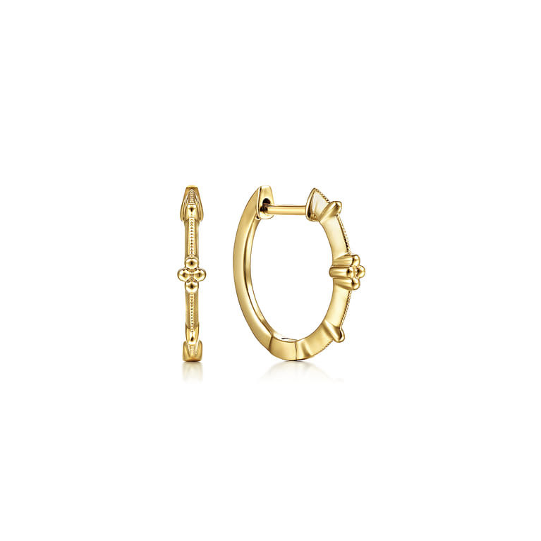 Vintage Inspired 14K Yellow Gold 15mm Beaded Station Huggies - Shot 1