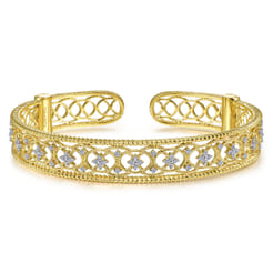 Vintage Inspired 14K Yellow Gold Filigree Diamond Cuff Bracelet