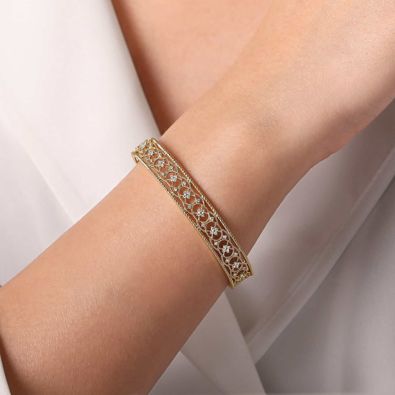 Vintage Inspired 14K Yellow Gold Filigree Diamond Cuff Bracelet - 0.5 ct - Shot 4