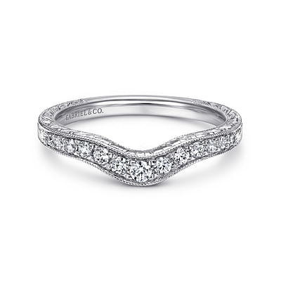 Vintage Inspired Curved 14K White Gold Diamond Wedding Band with Engraving