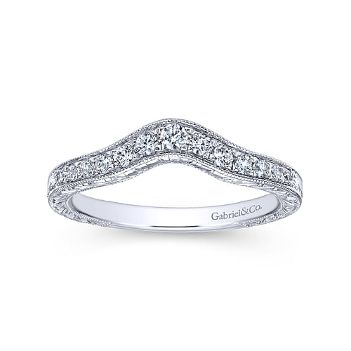 Vintage Inspired Curved 14K White Gold Diamond Wedding Band with Engraving - 0.25 ct - Shot 4