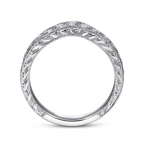 Vintage Inspired  Curved 14K White Gold Micro Pave Diamond Wedding Band with Engraving - 0.5 ct - Shot 2