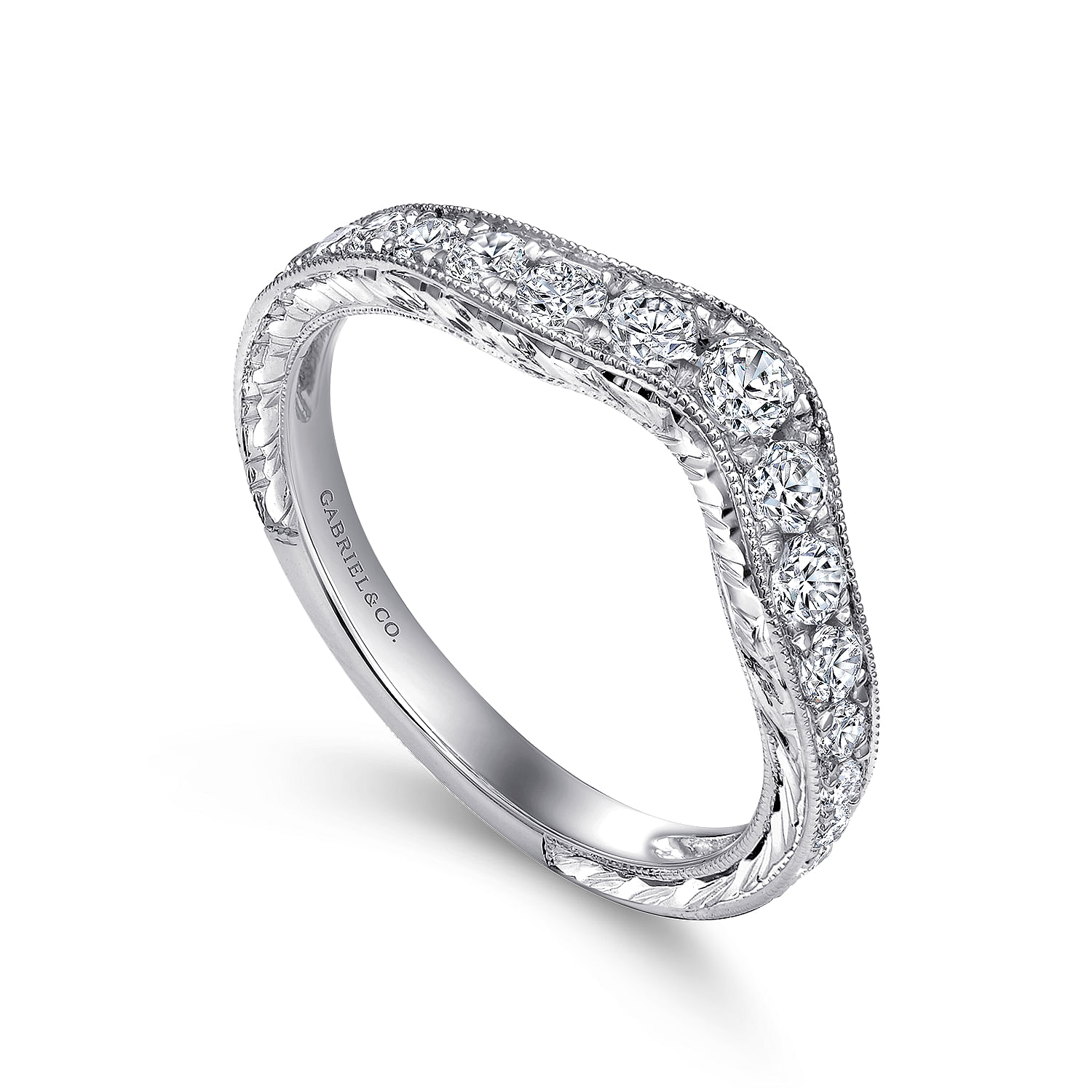 Vintage Inspired  Curved 14K White Gold Micro Pave Diamond Wedding Band with Engraving - 0.5 ct - Shot 3