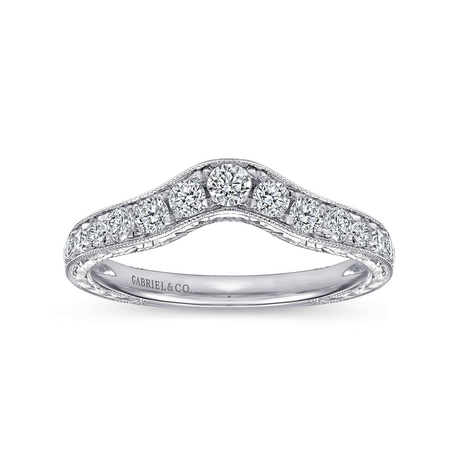 Vintage Inspired  Curved 14K White Gold Micro Pave Diamond Wedding Band with Engraving - 0.5 ct - Shot 4