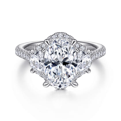 Wade - 14K White Gold Oval Three Stone Halo Diamond Engagement Ring