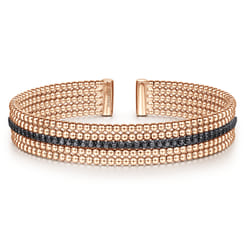 Wide 14K Rose Gold Bujukan Bead Cuff Bracelet with Inner Black Diamond Channel