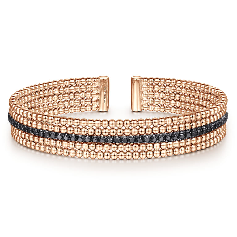 Wide 14K Rose Gold Bujukan Bead Cuff Bracelet with Inner Black Diamond Channel - 0.64 ct - Shot 1