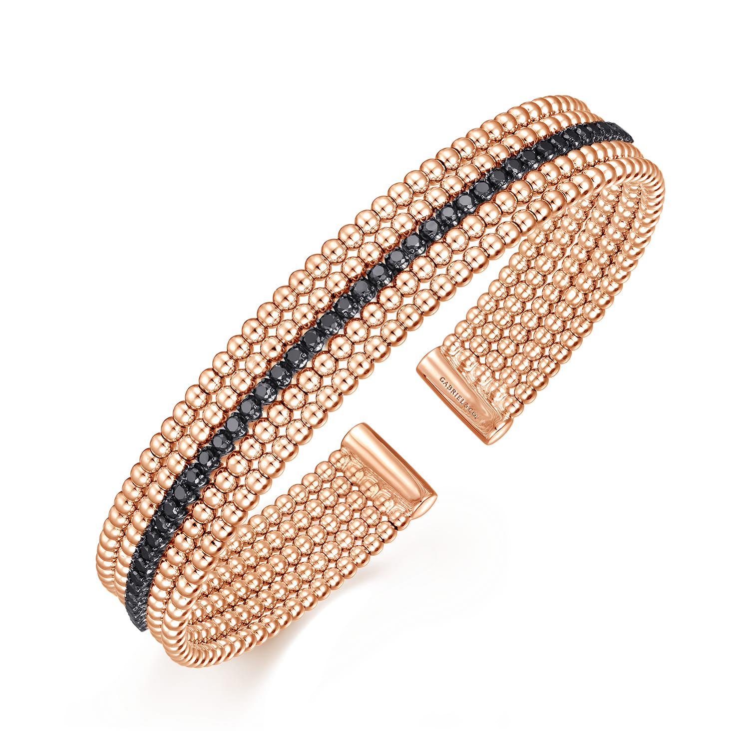Wide 14K Rose Gold Bujukan Bead Cuff Bracelet with Inner Black Diamond Channel - 0.65 ct - Shot 2