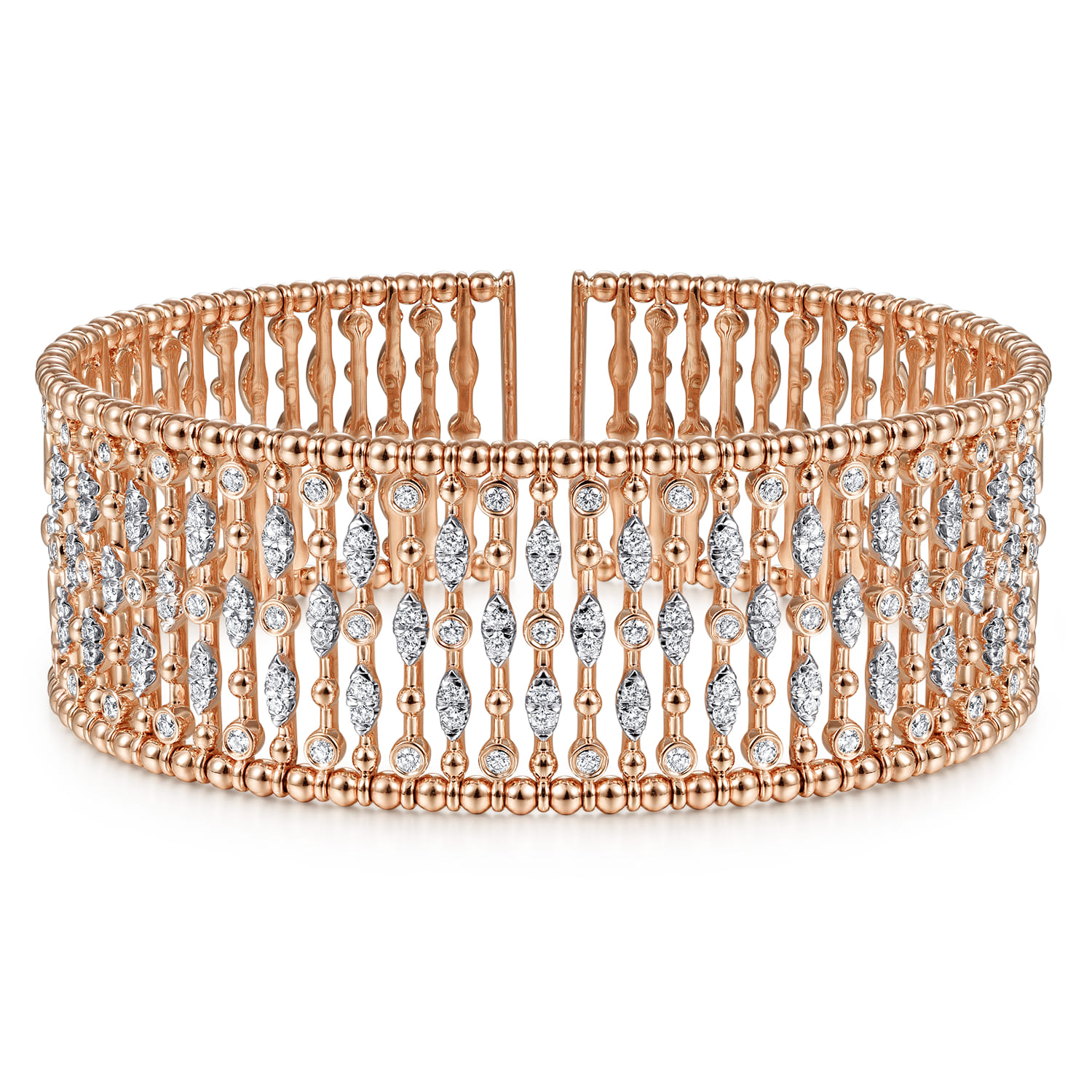 Wide 14K Rose Gold Cage Cuff Bracelet with Diamond Stations - 1.43 ct - Shot 1