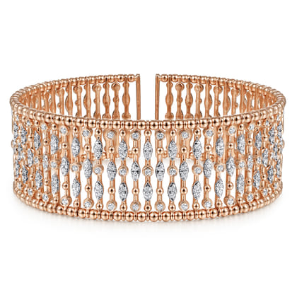 Wide 14K Rose Gold Cage Cuff Bracelet with Diamond Stations