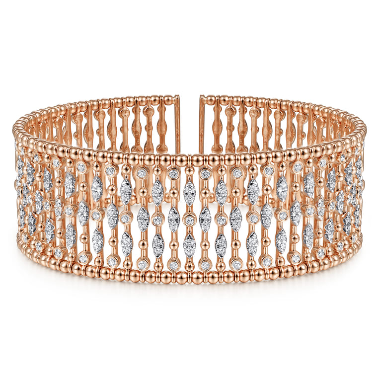 Wide 14K Rose Gold Cage Cuff Bracelet with Diamond Stations - 1.43 ct - Shot 1