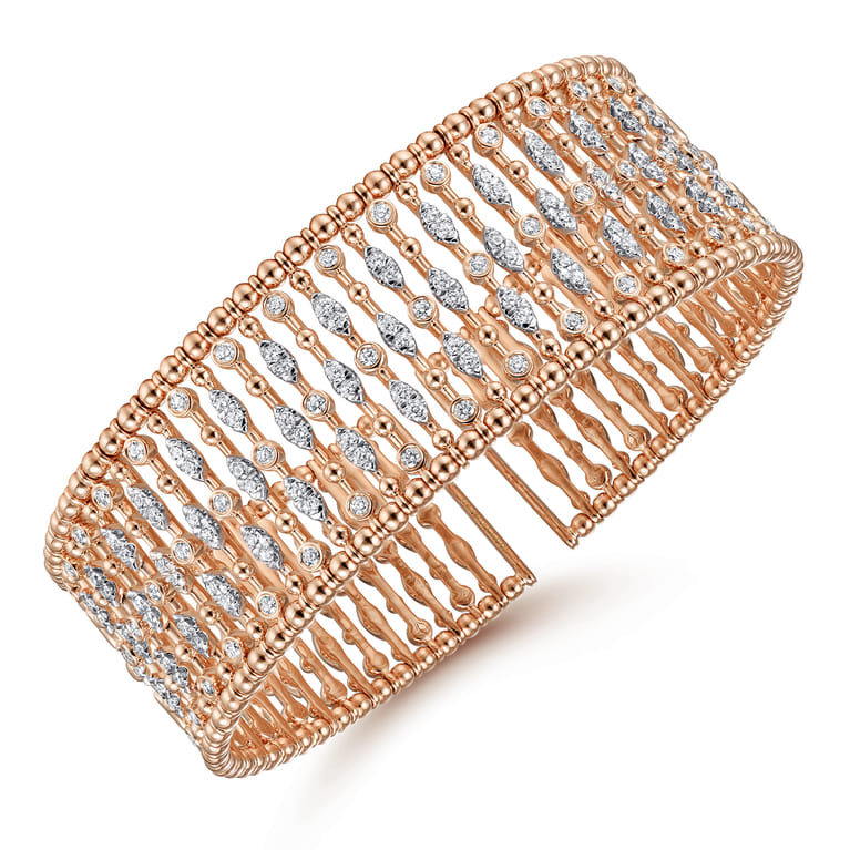 Wide 14K Rose Gold Cage Cuff Bracelet with Diamond Stations - 1.43 ct - Shot 2