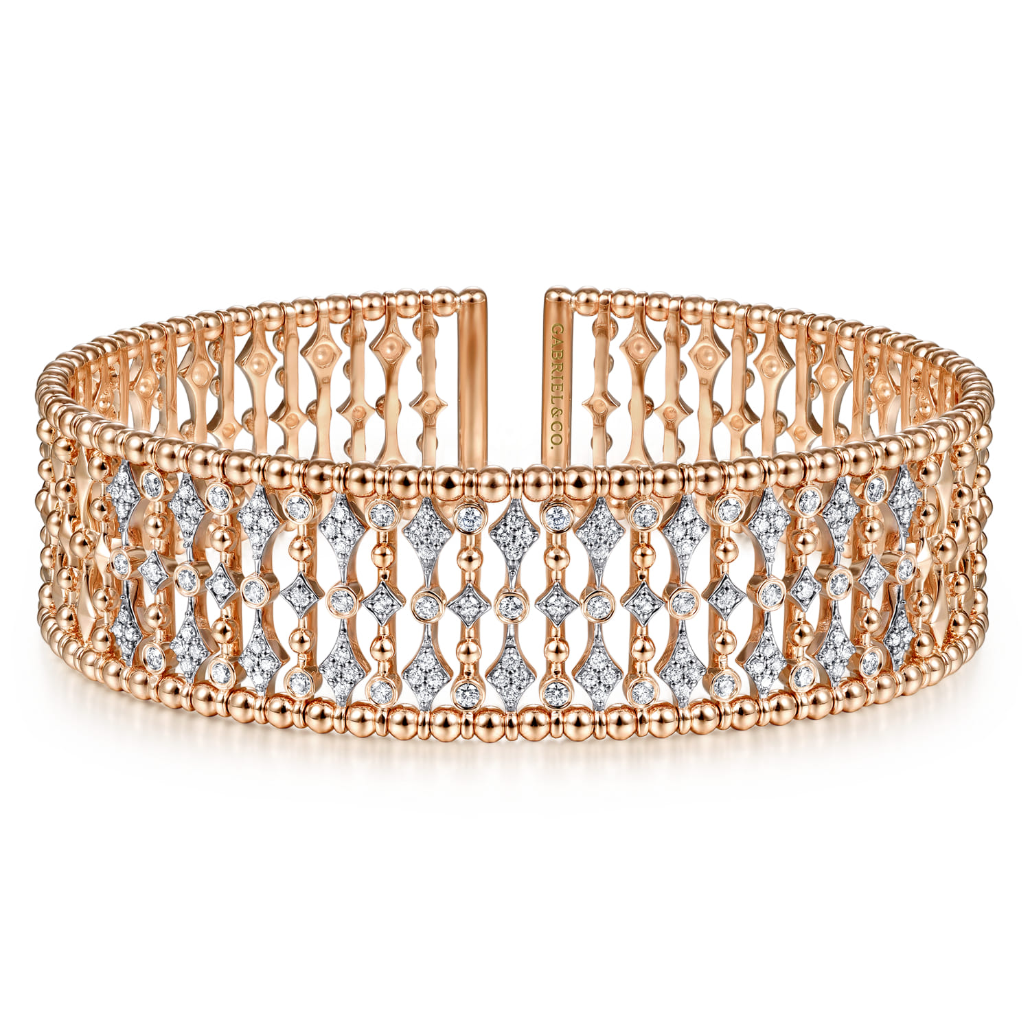 Wide 14K Rose Gold Cage Cuff Bracelet with Diamond Stations - 0.86 ct - Shot 1