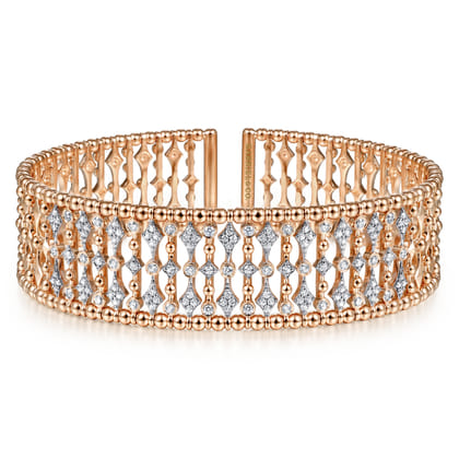 Wide 14K Rose Gold Cage Cuff Bracelet with Diamond Stations