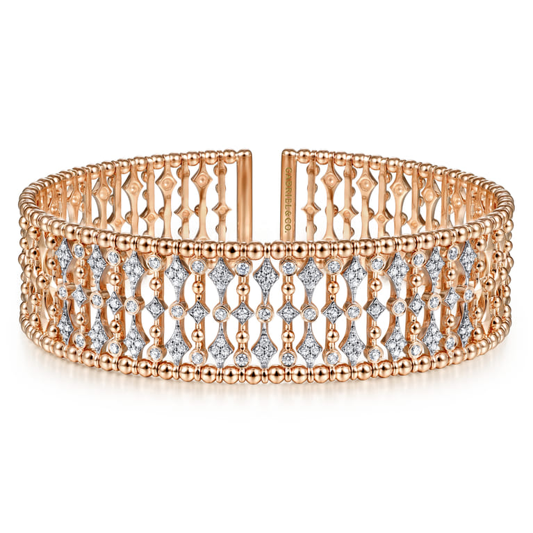 Wide 14K Rose Gold Cage Cuff Bracelet with Diamond Stations - 0.86 ct - Shot 1