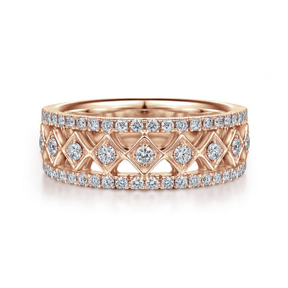 Wide 14K Rose Gold Geometric Diamond Anniversary Band