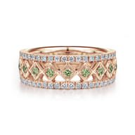 Wide 14K Rose Gold Geometric Green Sapphire and Diamond Anniversary Band