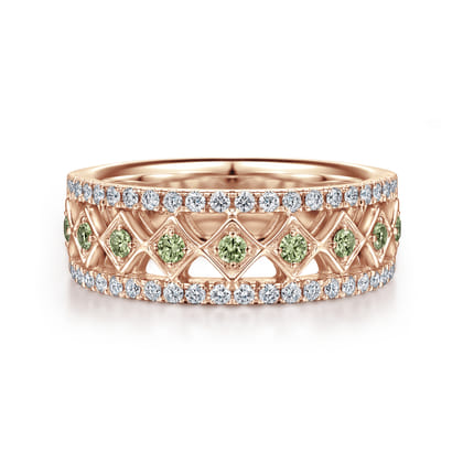 Wide 14K Rose Gold Geometric Green Sapphire and Diamond Anniversary Band