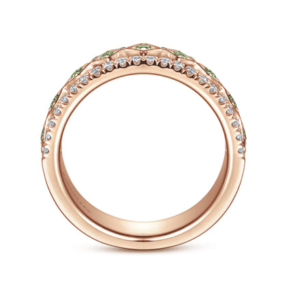 Wide 14K Rose Gold Geometric Green Sapphire and Diamond Anniversary Band