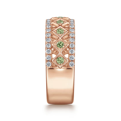 Wide 14K Rose Gold Geometric Green Sapphire and Diamond Anniversary Band