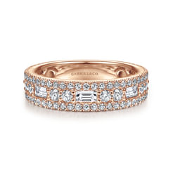 Wide 14K Rose Gold Round and Baguette Diamond Anniversary Band