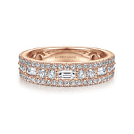 Wide 14K Rose Gold Round and Baguette Diamond Anniversary Band