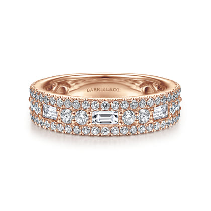 Wide 14K Rose Gold Round and Baguette Diamond Anniversary Band