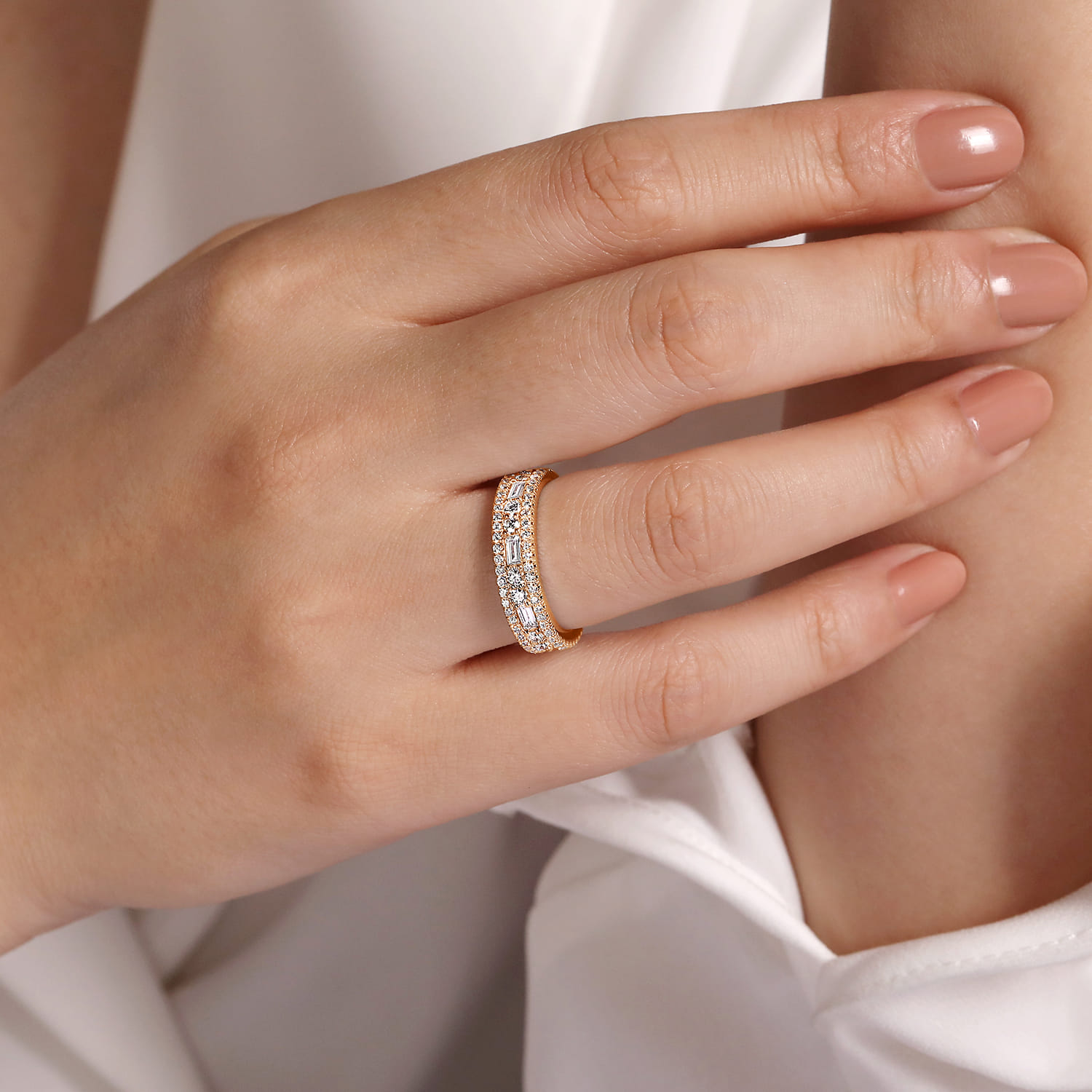 Fancy Wedding Ring in 14k Rose Gold with Baguette Natural Diamond at Gabriel & Co. - Shot 5