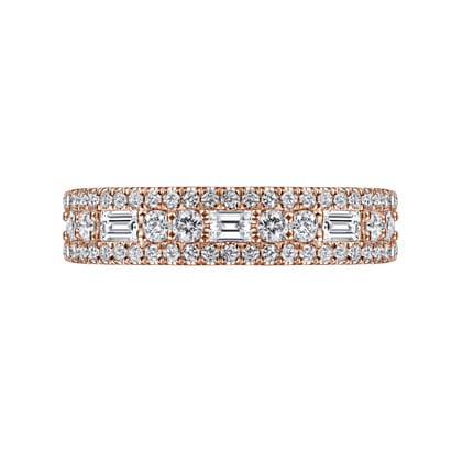 Wide 14K Rose Gold Round and Baguette Diamond Anniversary Band
