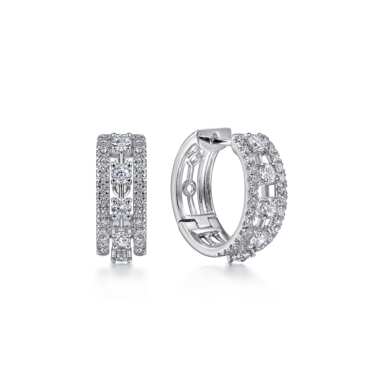 Wide 14K White Gold 15mm 3 Row Diamond Huggie Earrings - 1 ct - Shot 1