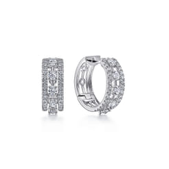 Wide 14K White Gold 15mm 3 Row Diamond Huggie Earrings