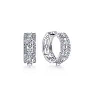 Wide 14K White Gold 15mm 3 Row Diamond Huggie Earrings