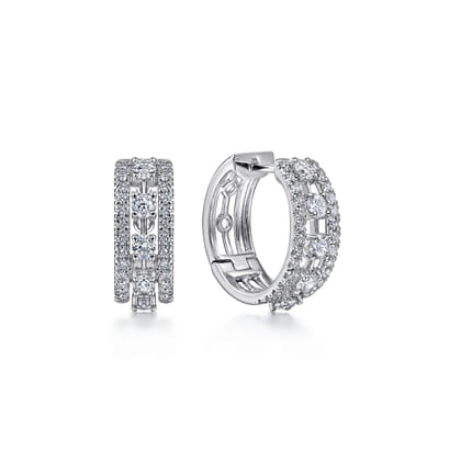 Wide 14K White Gold 15mm 3 Row Diamond Huggie Earrings