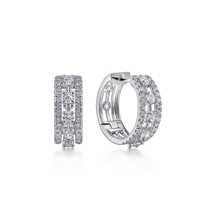 Wide 14K White Gold 15mm 3 Row Diamond Huggie Earrings - 1 ct - Shot 1