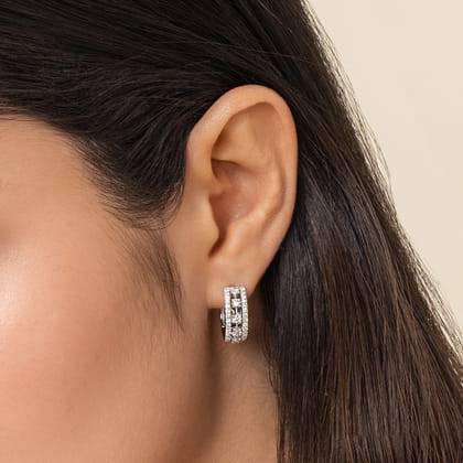 Wide 14K White Gold 15mm 3 Row Diamond Huggie Earrings