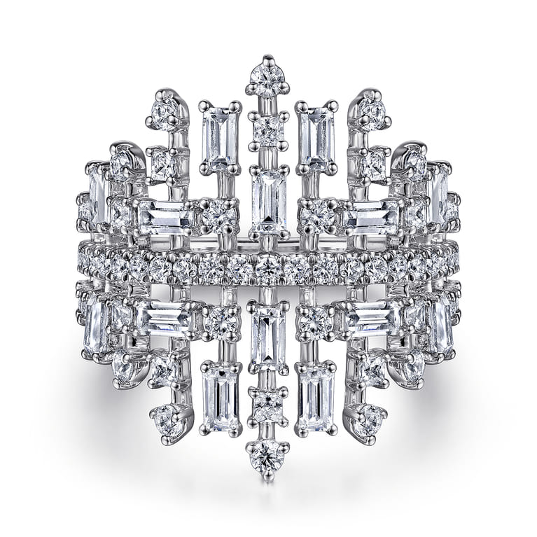 Wide 14K White Gold Baguette and Round Diamond Cage Ring - 1.8 ct - Shot 1