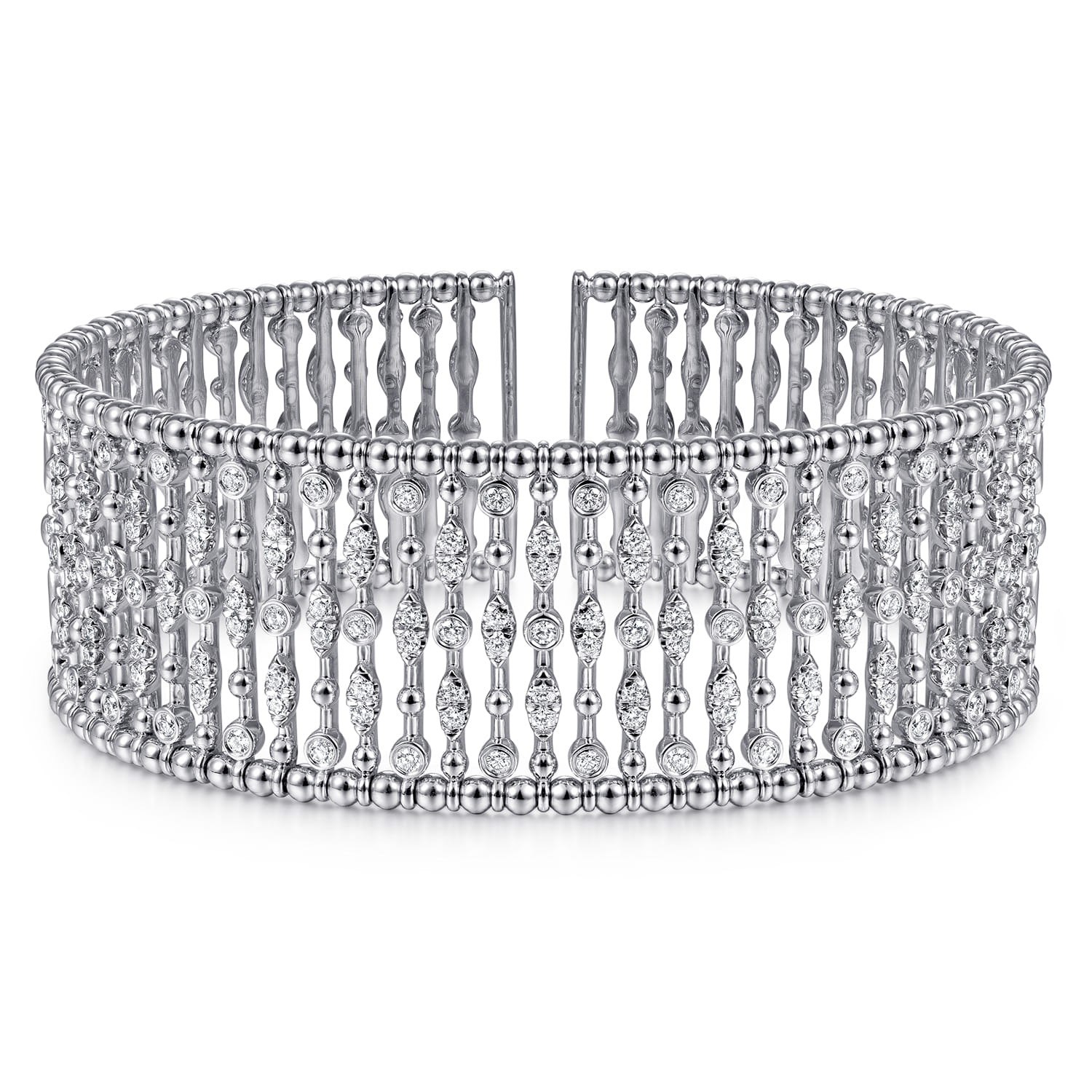 Wide 14K White Gold Cage Cuff Bracelet with Diamond Stations - 1.43 ct - Shot 1