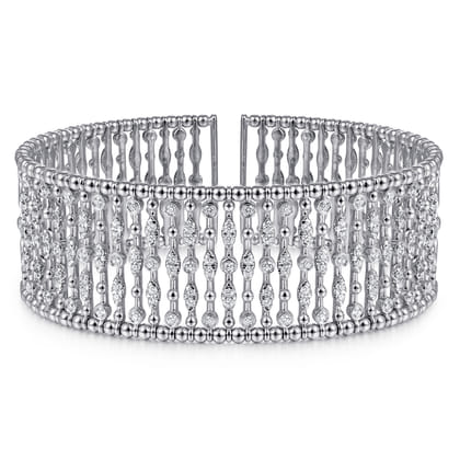 Wide 14K White Gold Cage Cuff Bracelet with Diamond Stations