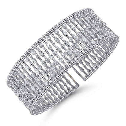 Wide 14K White Gold Cage Cuff Bracelet with Diamond Stations