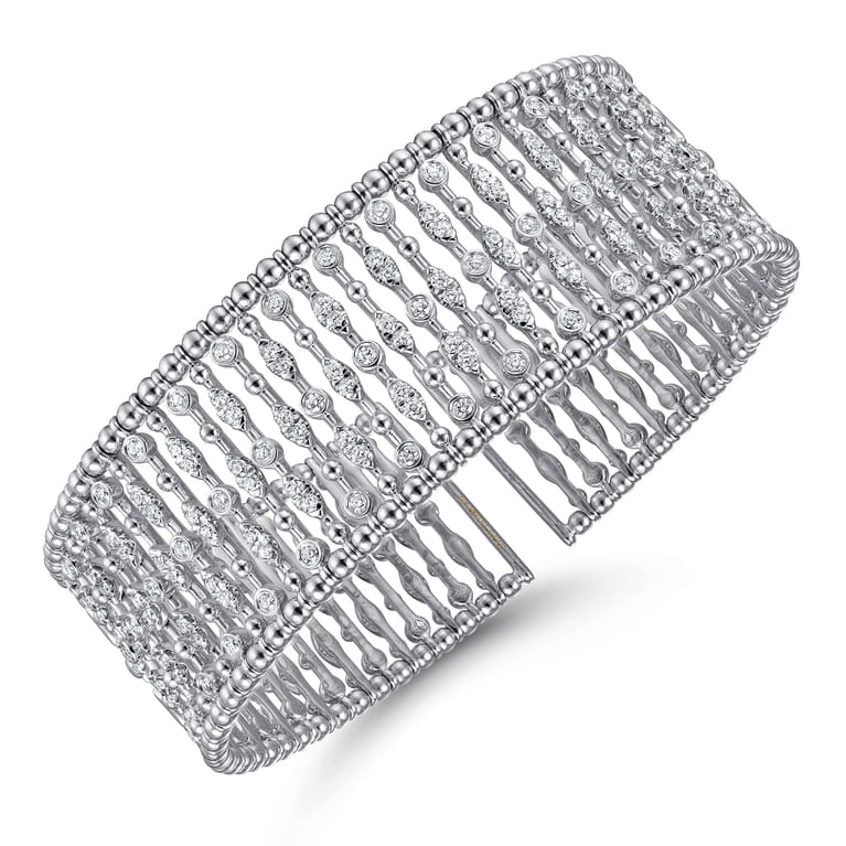 Wide 14K White Gold Cage Cuff Bracelet with Diamond Stations - 1.43 ct - Shot 2