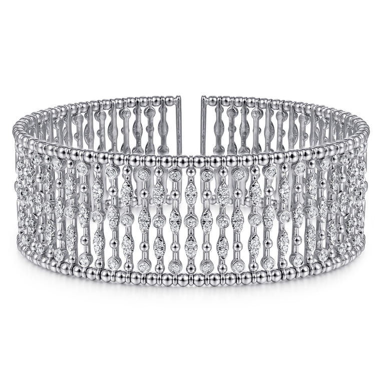 Wide 14K White Gold Cage Cuff Bracelet with Diamond Stations - 1.43 ct - Shot 1