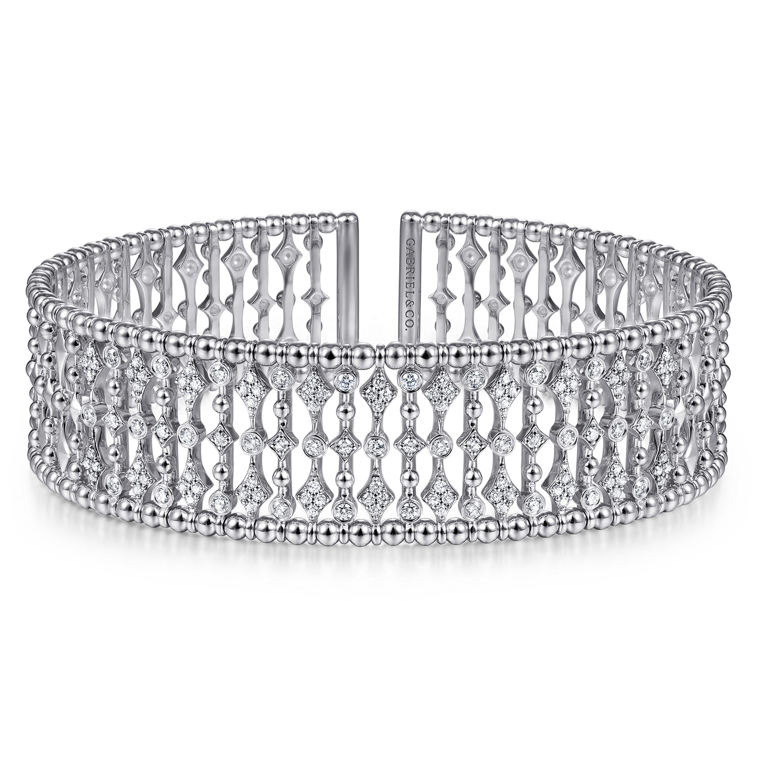 Wide 14K White Gold Cage Cuff Bracelet with Diamond Stations - 0.86 ct - Shot 1